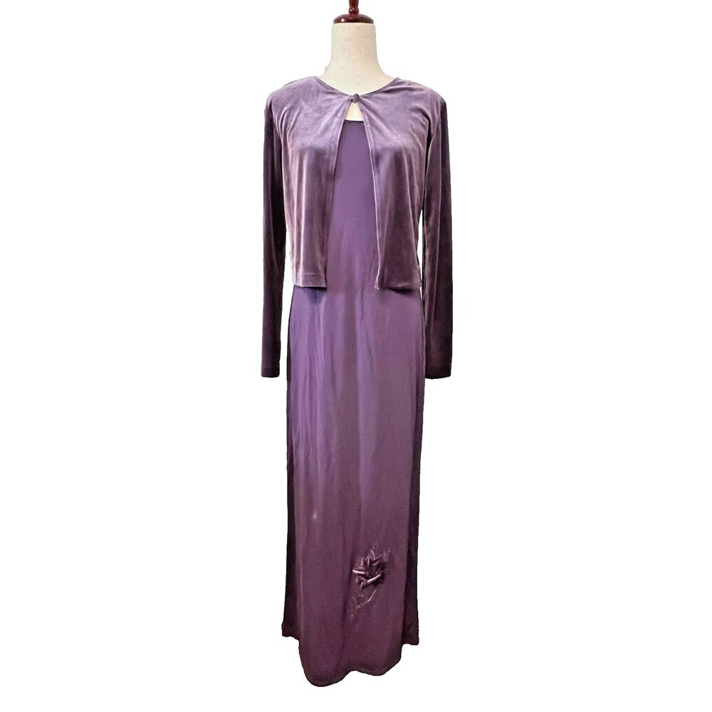 NOS Vintage CAROLE LITTLE 2pc Velvet Maxi Dress Cardigan Set Sz 8 Purple Floral